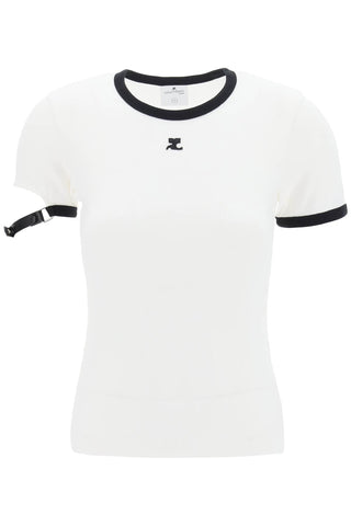 Courreges leather strap t-shirt with sleeve detail. 124JTS117JS0070 HERITAGE WHITE BLACK