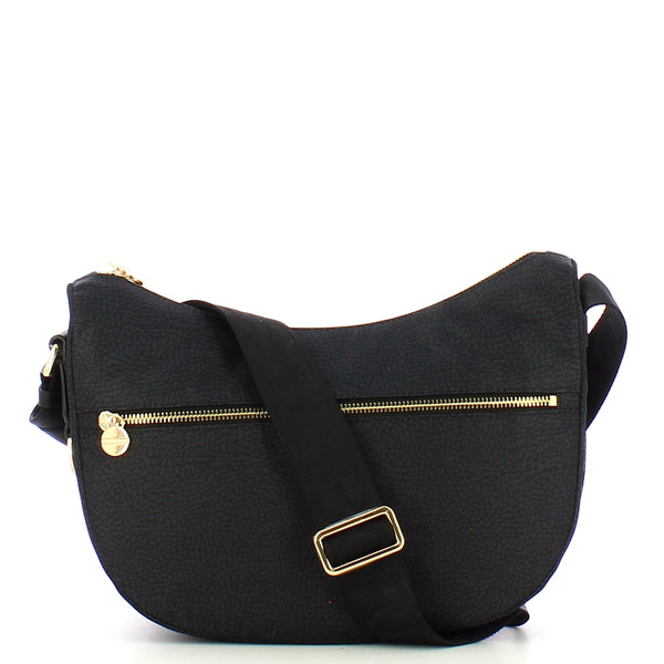 Borbonese - luna small dark black bag with pocket made of re | Italystation.com - Shop Now at italystation.com