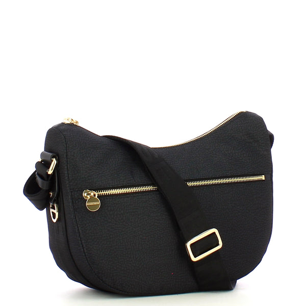 Borbonese - luna small dark black bag with pocket made of re | Italystation.com - Shop Now at italystation.com