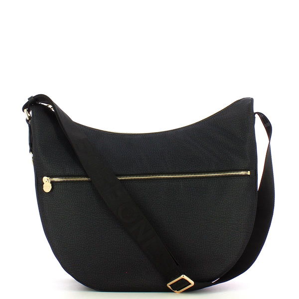 Borbonese - luna medium dark black bag with pocket made of r | Italystation.com - Shop Now at italystation.com