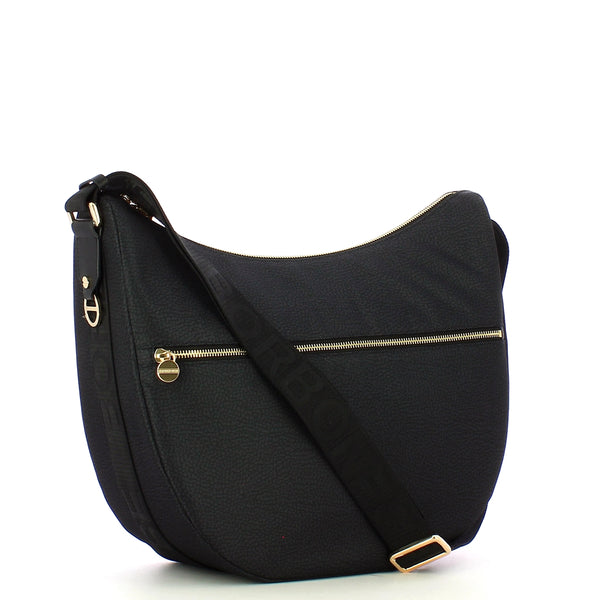 Borbonese - luna medium dark black bag with pocket made of r | Italystation.com - Shop Now at italystation.com