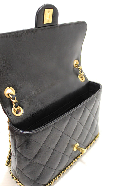 Chanel Black Quilted Caviar Leather Camellia Chain Around Flap Shoulder Bag