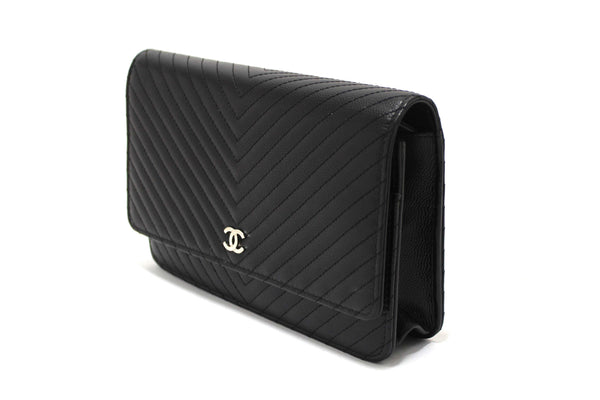 Chanel Black Chevron Caviar Leather Wallet On Chain WOC Crossbody Bag