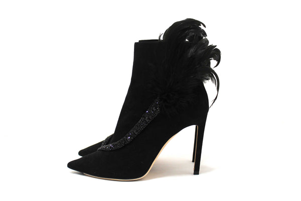NEW Jimmy Choo Black Suede and Feather Crystal Embellished Ankle Boots Size 37.5