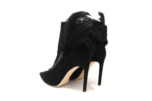 NEW Jimmy Choo Black Suede and Feather Crystal Embellished Ankle Boots Size 37.5
