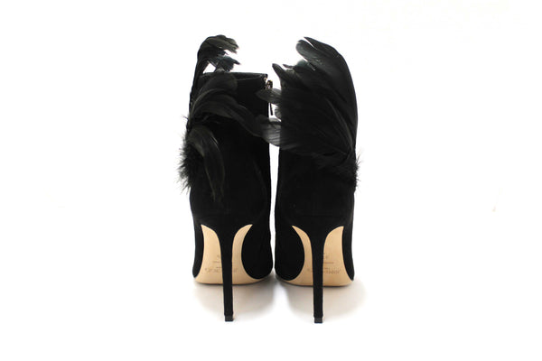 NEW Jimmy Choo Black Suede and Feather Crystal Embellished Ankle Boots Size 37.5