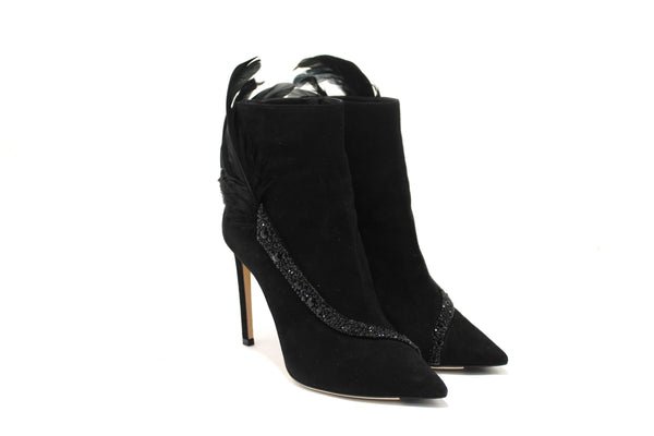 NEW Jimmy Choo Black Suede and Feather Crystal Embellished Ankle Boots Size 37.5