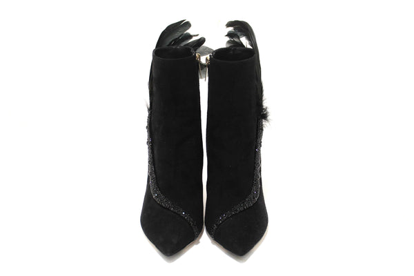 NEW Jimmy Choo Black Suede and Feather Crystal Embellished Ankle Boots Size 37.5