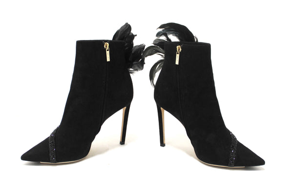 NEW Jimmy Choo Black Suede and Feather Crystal Embellished Ankle Boots Size 37.5