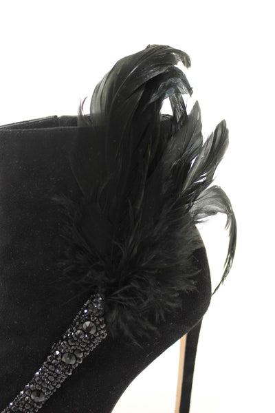 NEW Jimmy Choo Black Suede and Feather Crystal Embellished Ankle Boots Size 37.5