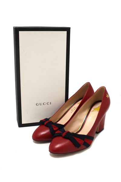Gucci Red Smooth Calfskin Leather Web Bow Malaga Pumps Size 39