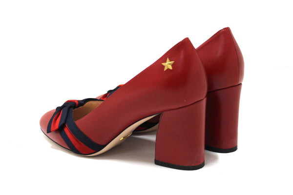 Gucci Red Smooth Calfskin Leather Web Bow Malaga Pumps Size 39