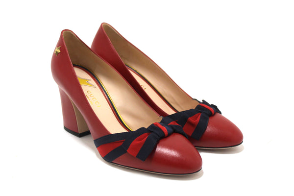 Gucci Red Smooth Calfskin Leather Web Bow Malaga Pumps Size 39