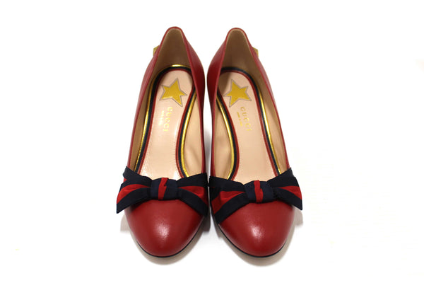 Gucci Red Smooth Calfskin Leather Web Bow Malaga Pumps Size 39
