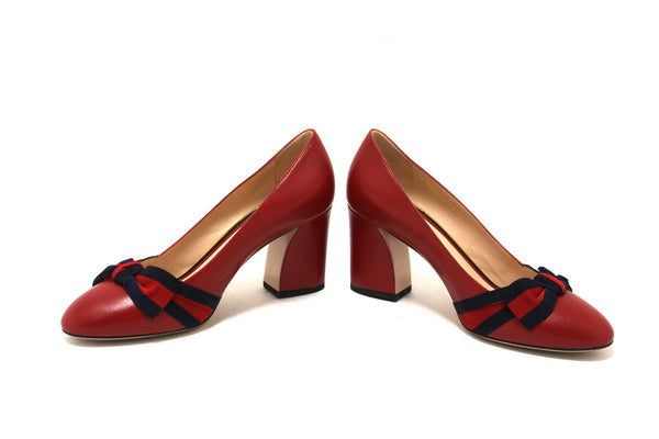 Gucci Red Smooth Calfskin Leather Web Bow Malaga Pumps Size 39