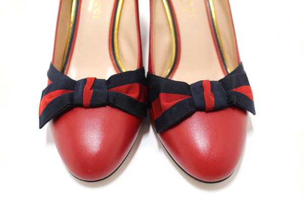 Gucci Red Smooth Calfskin Leather Web Bow Malaga Pumps Size 39