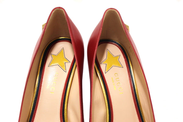 Gucci Red Smooth Calfskin Leather Web Bow Malaga Pumps Size 39