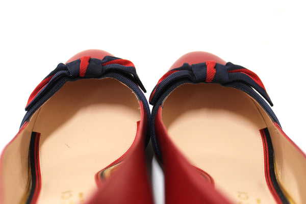 Gucci Red Smooth Calfskin Leather Web Bow Malaga Pumps Size 39