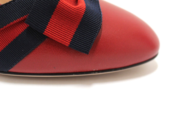 Gucci Red Smooth Calfskin Leather Web Bow Malaga Pumps Size 39