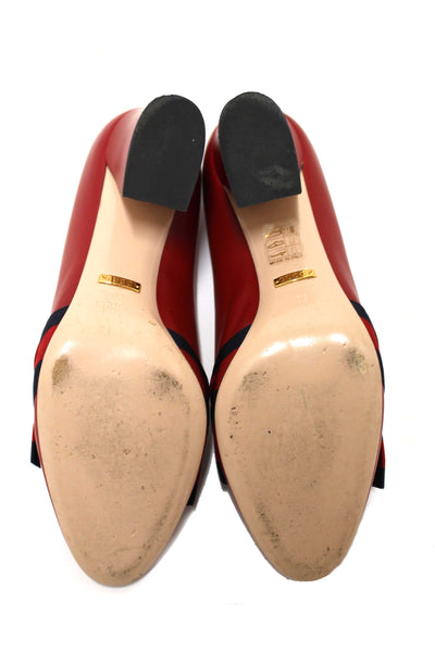 Gucci Red Smooth Calfskin Leather Web Bow Malaga Pumps Size 39