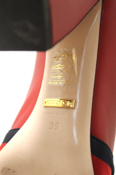 Gucci Red Smooth Calfskin Leather Web Bow Malaga Pumps Size 39