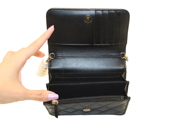 Chanel Black Quilted Calfskin Leather Wallet with Pearl Chain | Italystation.com - Shop Now at italystation.com