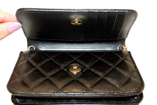 Chanel Black Quilted Calfskin Leather Wallet with Pearl Chain | Italystation.com - Shop Now at italystation.com