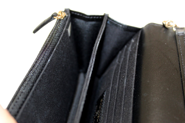 Chanel Black Quilted Calfskin Leather Wallet with Pearl Chain | Italystation.com - Shop Now at italystation.com