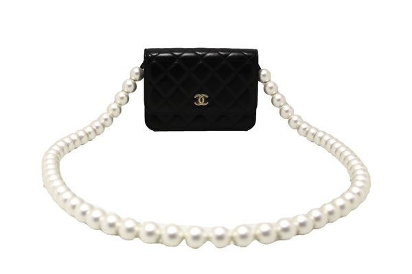 Chanel Black Quilted Calfskin Leather Wallet with Pearl Chain | Italystation.com - Shop Now at italystation.com