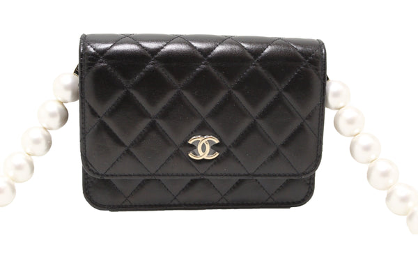 Chanel Black Quilted Calfskin Leather Wallet with Pearl Chain | Italystation.com - Shop Now at italystation.com