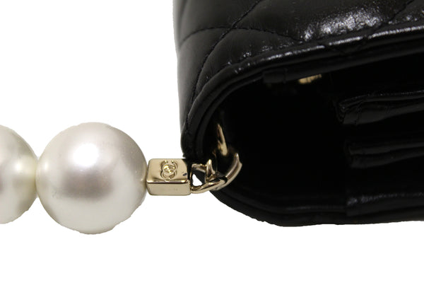 Chanel Black Quilted Calfskin Leather Wallet with Pearl Chain | Italystation.com - Shop Now at italystation.com