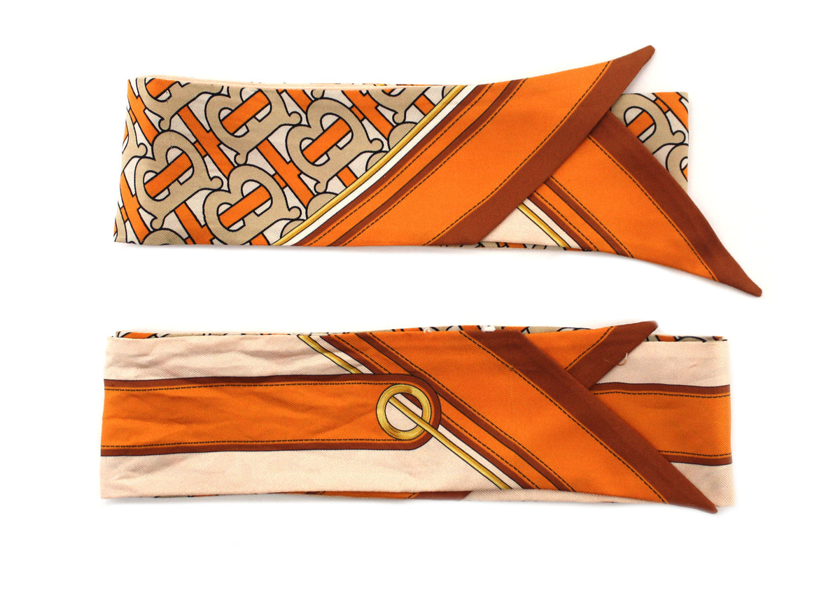 Burberry Orange TB Monogram Reversible Silk Wool Skinny Scarf Italy Station