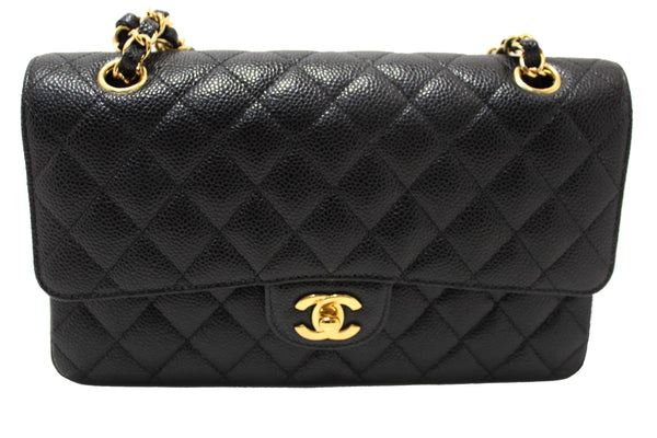 Chanel Classic Black Quilted Caviar Leather Classic Medium Double Flap Bag