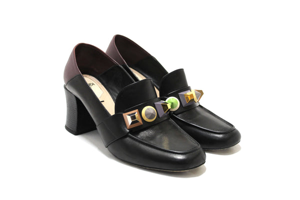 Fendi Black and Maroon Leather Studded Loafer Shoes Size 38.5