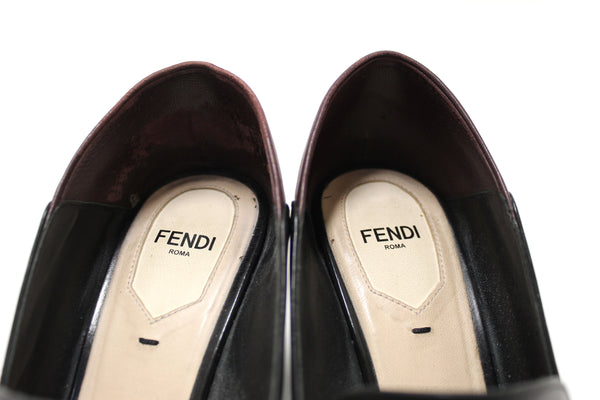 Fendi Black and Maroon Leather Studded Loafer Shoes Size 38.5