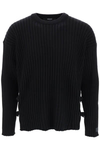 Versace ribbed-knit sweater with leather straps 1011790 1A08069 BLACK