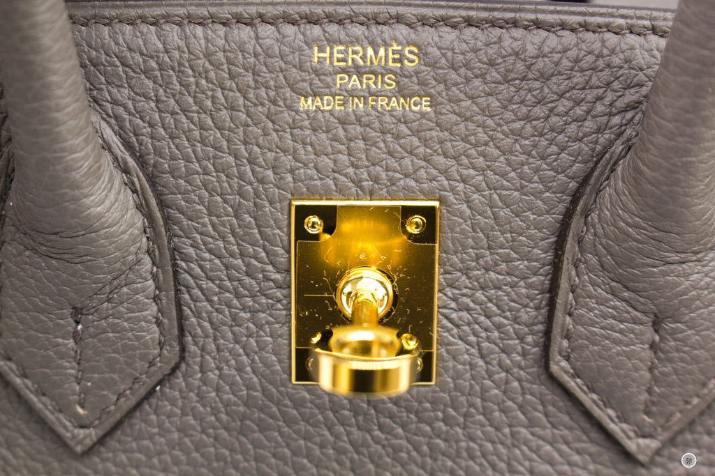 Hermes H041344 Birkin 25 Gris Etain / CC8F Taurillon Clemence Tote Bag GHW