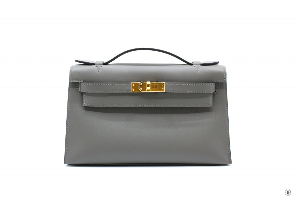 Hermes Mini Kelly 22 Pochette Bag ck80 Pearl Grey Swift GHW