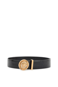 black embossed crocodile calfskin belt with rhinestones 40mm 1003873 1A11597 BLACK-VERSACE GOLD