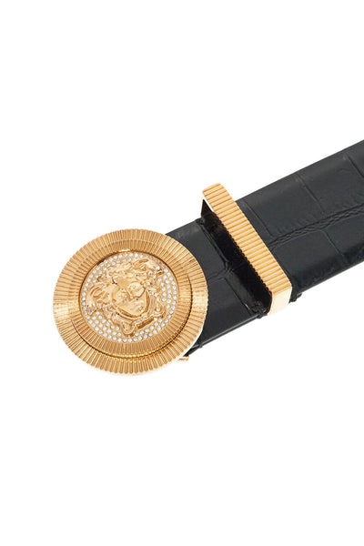 black embossed crocodile calfskin belt with rhinestones 40mm 1003873 1A11597 BLACK-VERSACE GOLD