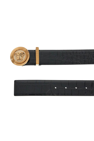 black embossed crocodile calfskin belt with rhinestones 40mm 1003873 1A11597 BLACK-VERSACE GOLD