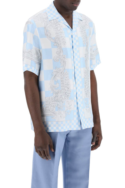 Versace printed silk bowling shirt in eight 1003926 1A10864 PASTEL BLUE WHITE SILVER
