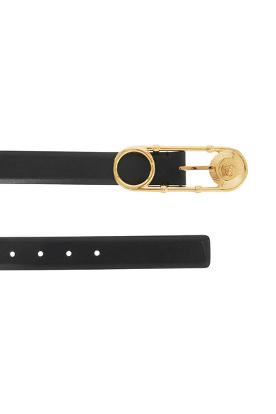 leather safety pin belt 1005786 DV3T BLACK-VERSACE GOLD