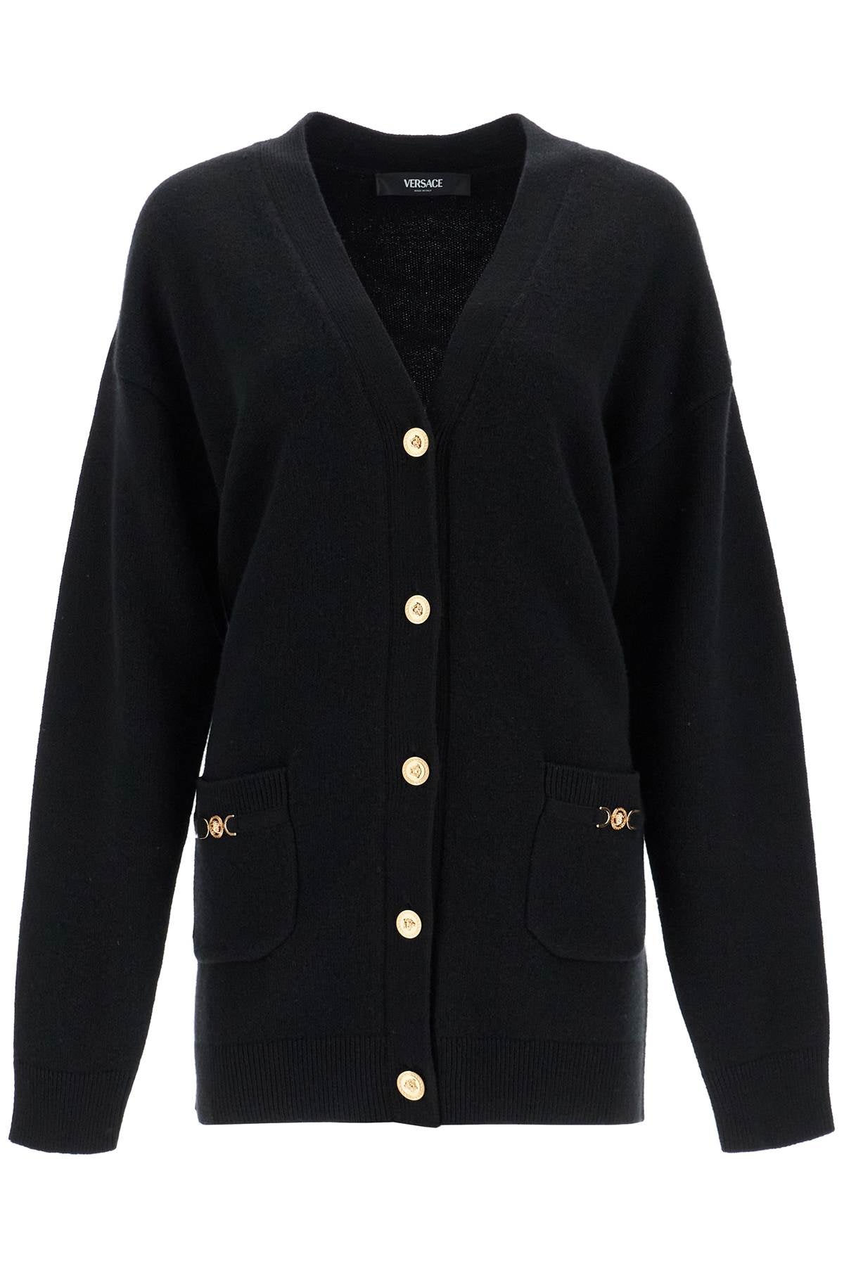 VERSACE boxy wool and cashmere cardigan 1014091 1A11287 BLACK | Italystation.com - Shop Now at italystation.com