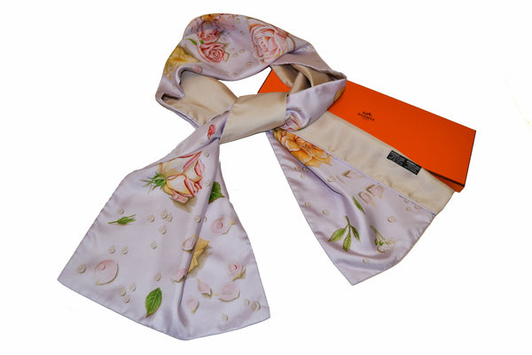 Hermes Purple Roses Flower 100% Silk Long Scarf