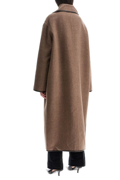 oversized brown wool long coat with minimalist double clasp 251 WRO4315 FB0326 OAK MELANGE