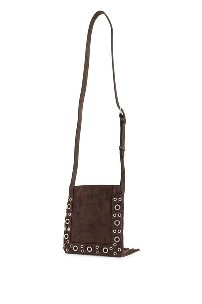 small suede crossbody bag in dark brown with studs and fringe 6W2B0R34JET TESTA DI MORO