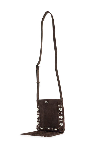 small suede crossbody bag in dark brown with studs and fringe 6W2B0R34JET TESTA DI MORO