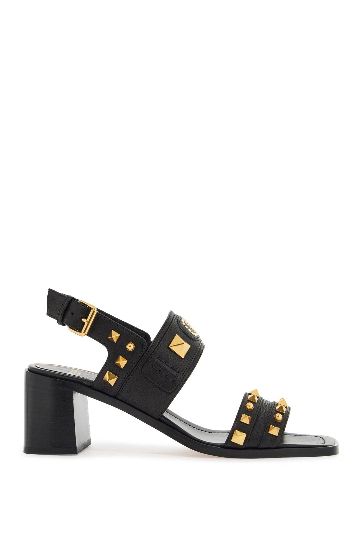 black buffalo leather sandals with golden studs and square heel 6W2S0LQ7ZQF NERO