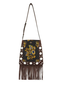 multicolored floral crossbody bag in dark brown with fringes 6Y2B0D06ZIS MULTICOLOR/TESTA DI MORO